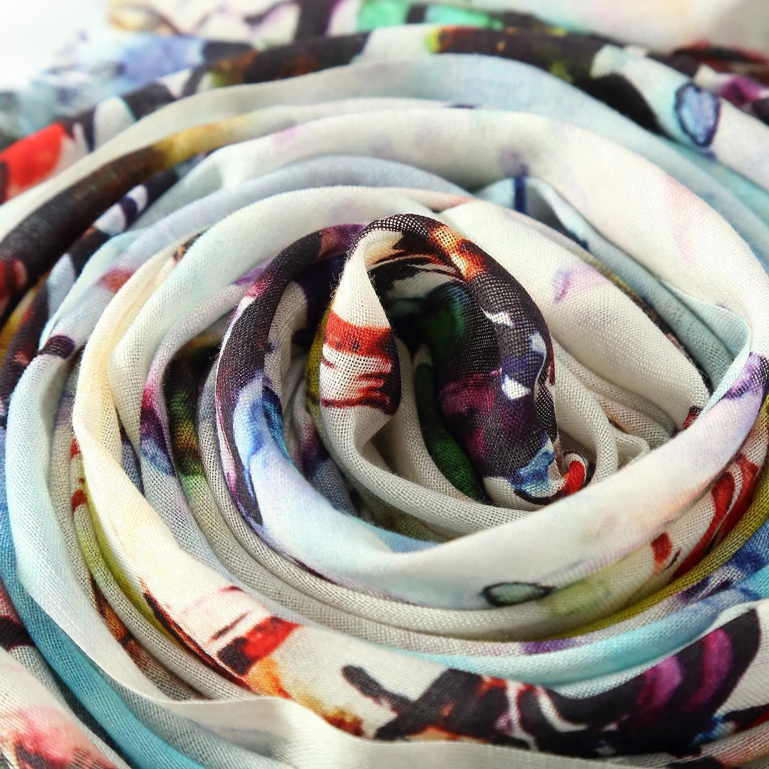 100% Wool Scarf White Theme Floral Print WO3013