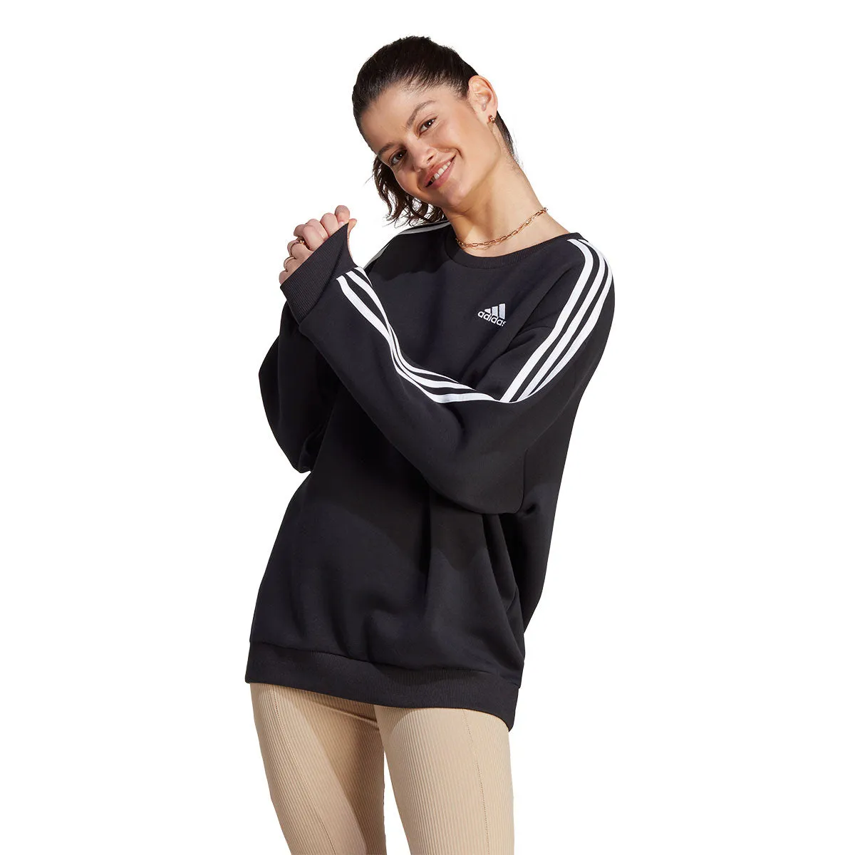 adidas 3 Stripe Fleece Oversized Sweat Top - Womens - Black/White