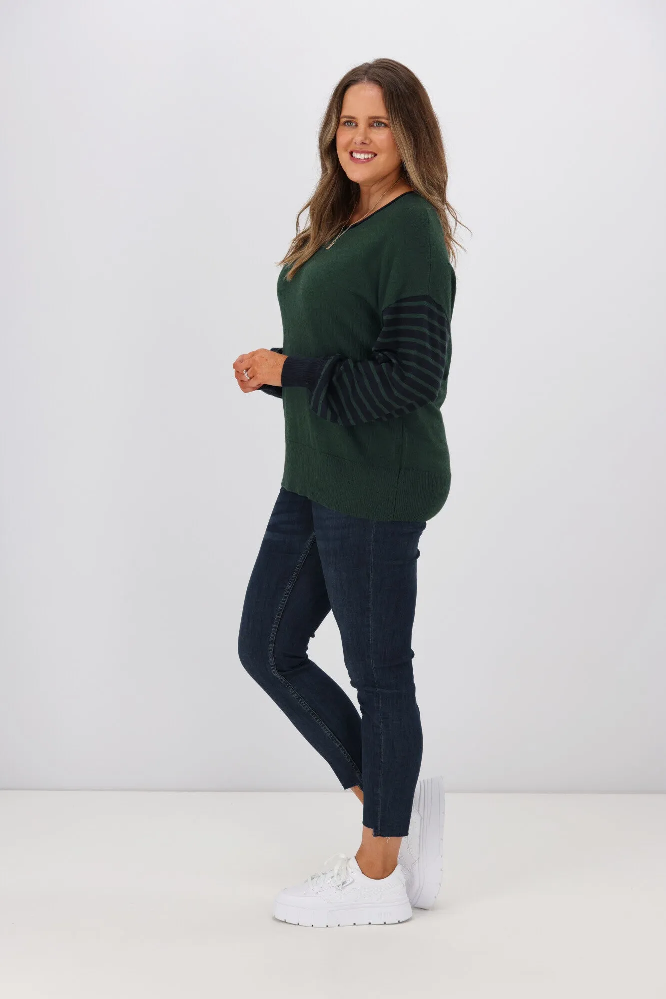 Alpine by Shine On Mathias Merino Striped Sleeve Top Forest Ink