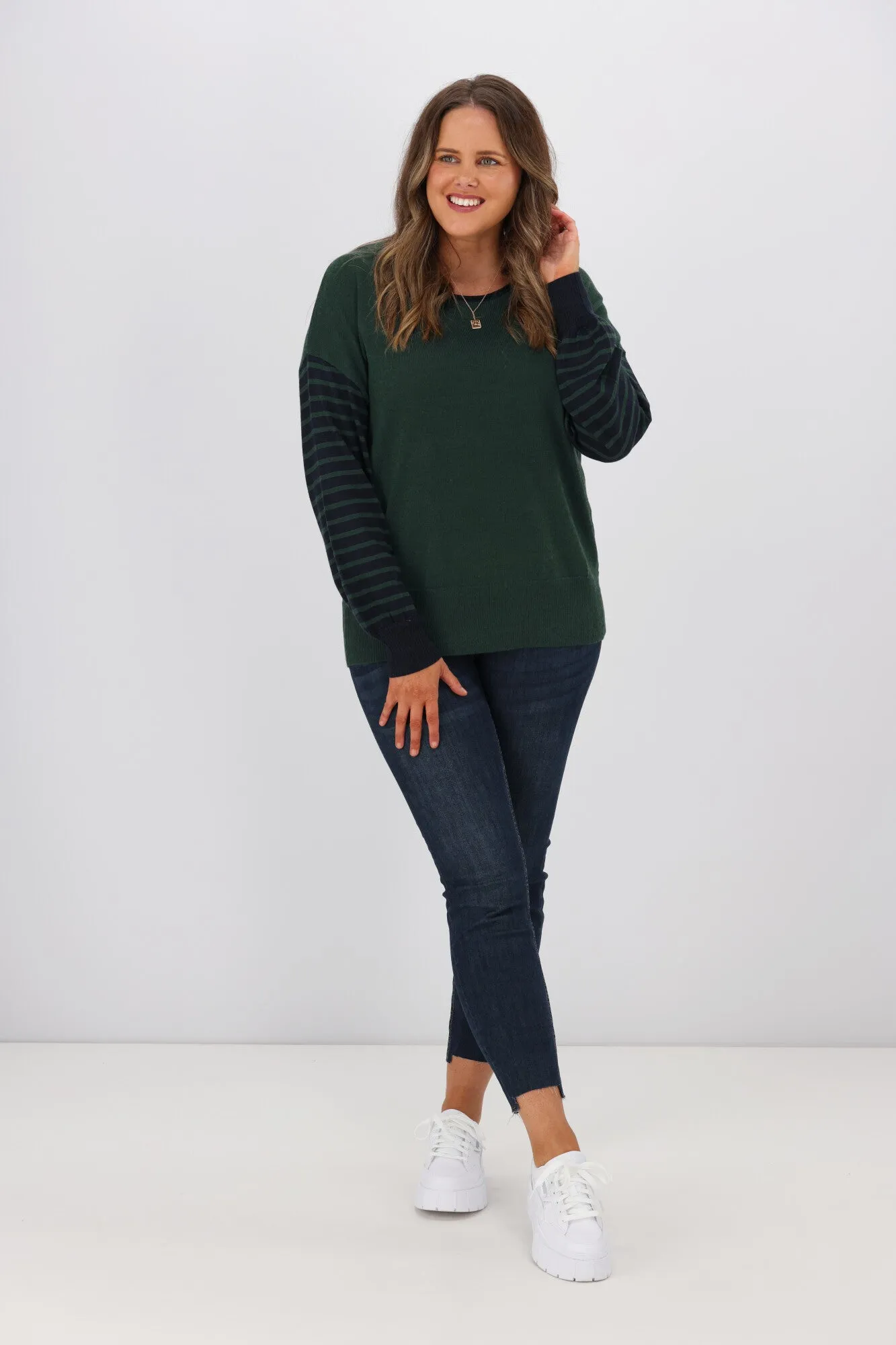 Alpine by Shine On Mathias Merino Striped Sleeve Top Forest Ink