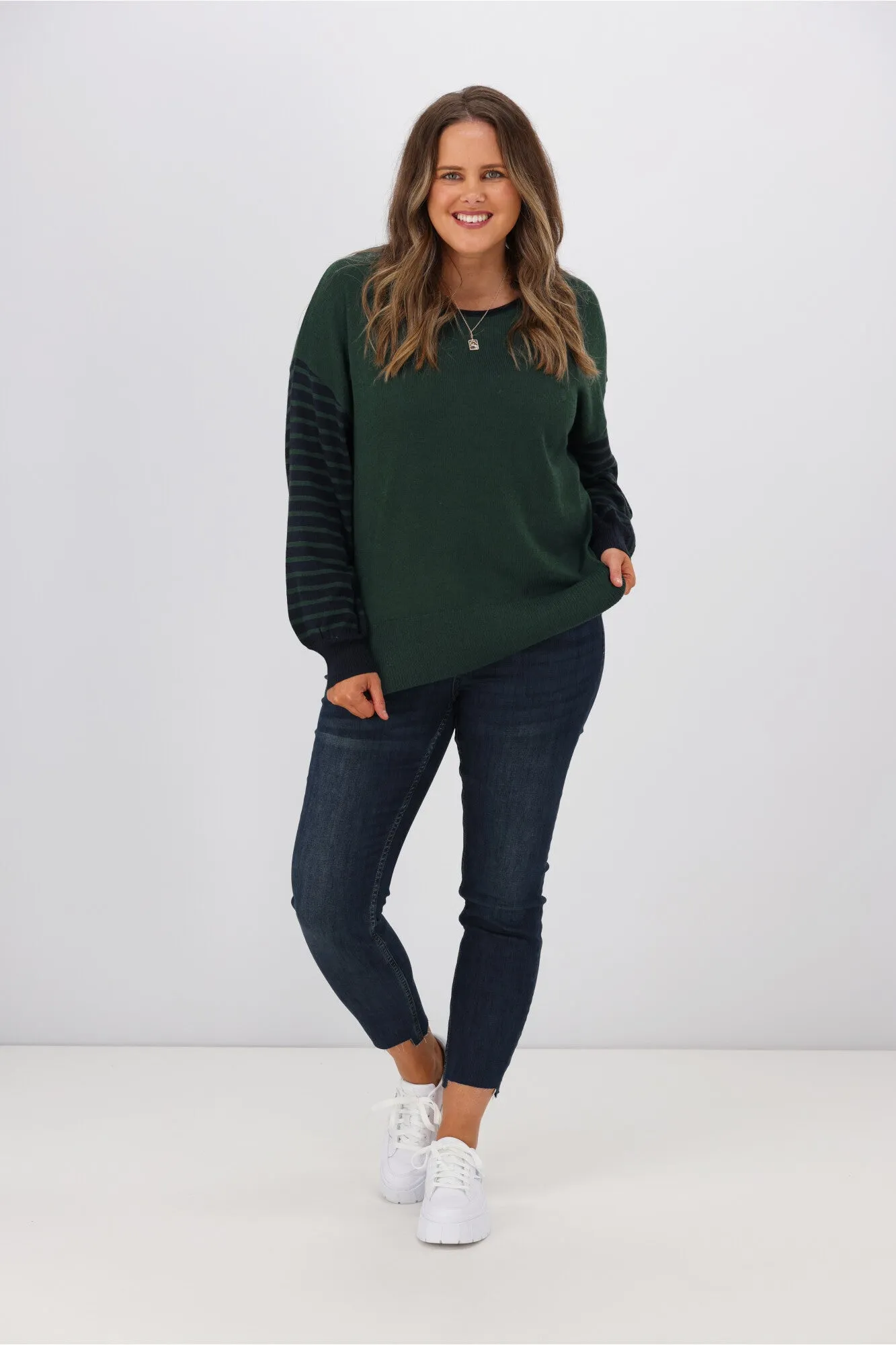 Alpine by Shine On Mathias Merino Striped Sleeve Top Forest Ink