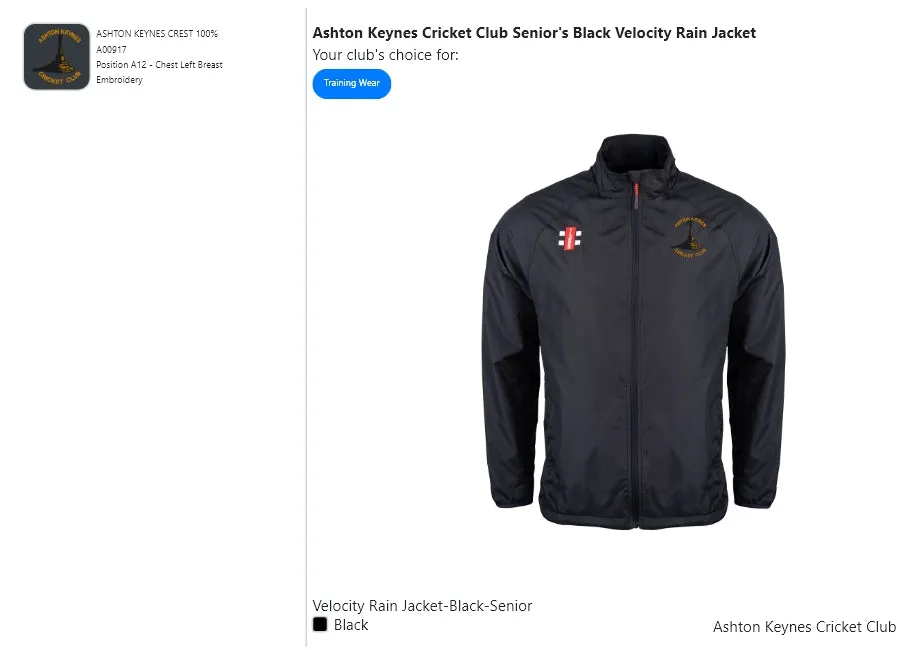 Ashton Keynes Cricket Club Senior's Black Velocity Rain Jacket
