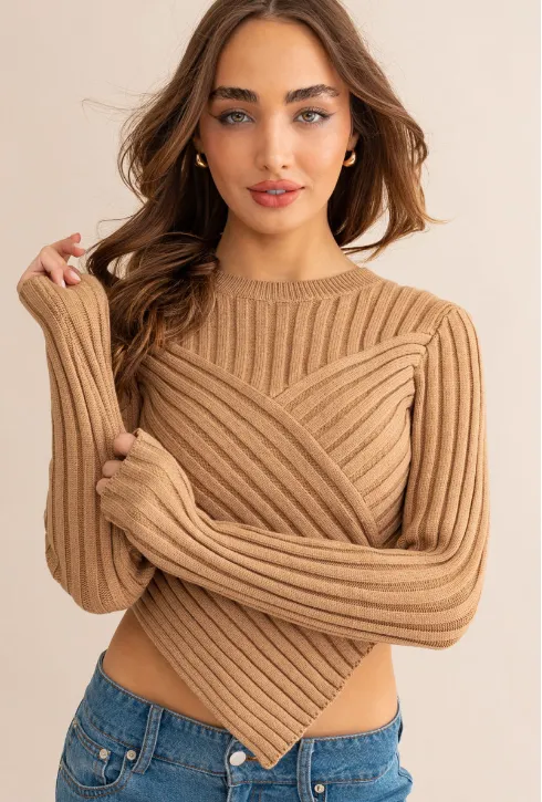 Asymmetrical Tan Sweater by Lelis with Scarf Hem