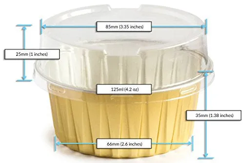 B8K 125 mililiters Eco-Friendly Aluminum Foil Baking Cups with Plastic Lid plus 10 Recipes Electronic Book, 100 Pieces Package. Perfect for Mini Dishes Preparation. Food Safe 100% Recyclable