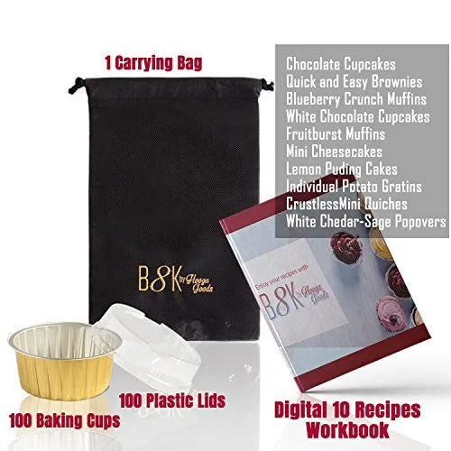 B8K 125 mililiters Eco-Friendly Aluminum Foil Baking Cups with Plastic Lid plus 10 Recipes Electronic Book, 100 Pieces Package. Perfect for Mini Dishes Preparation. Food Safe 100% Recyclable