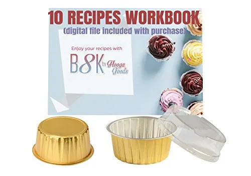 B8K 125 mililiters Eco-Friendly Aluminum Foil Baking Cups with Plastic Lid plus 10 Recipes Electronic Book, 100 Pieces Package. Perfect for Mini Dishes Preparation. Food Safe 100% Recyclable