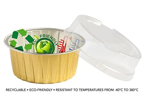 B8K 125 mililiters Eco-Friendly Aluminum Foil Baking Cups with Plastic Lid plus 10 Recipes Electronic Book, 100 Pieces Package. Perfect for Mini Dishes Preparation. Food Safe 100% Recyclable
