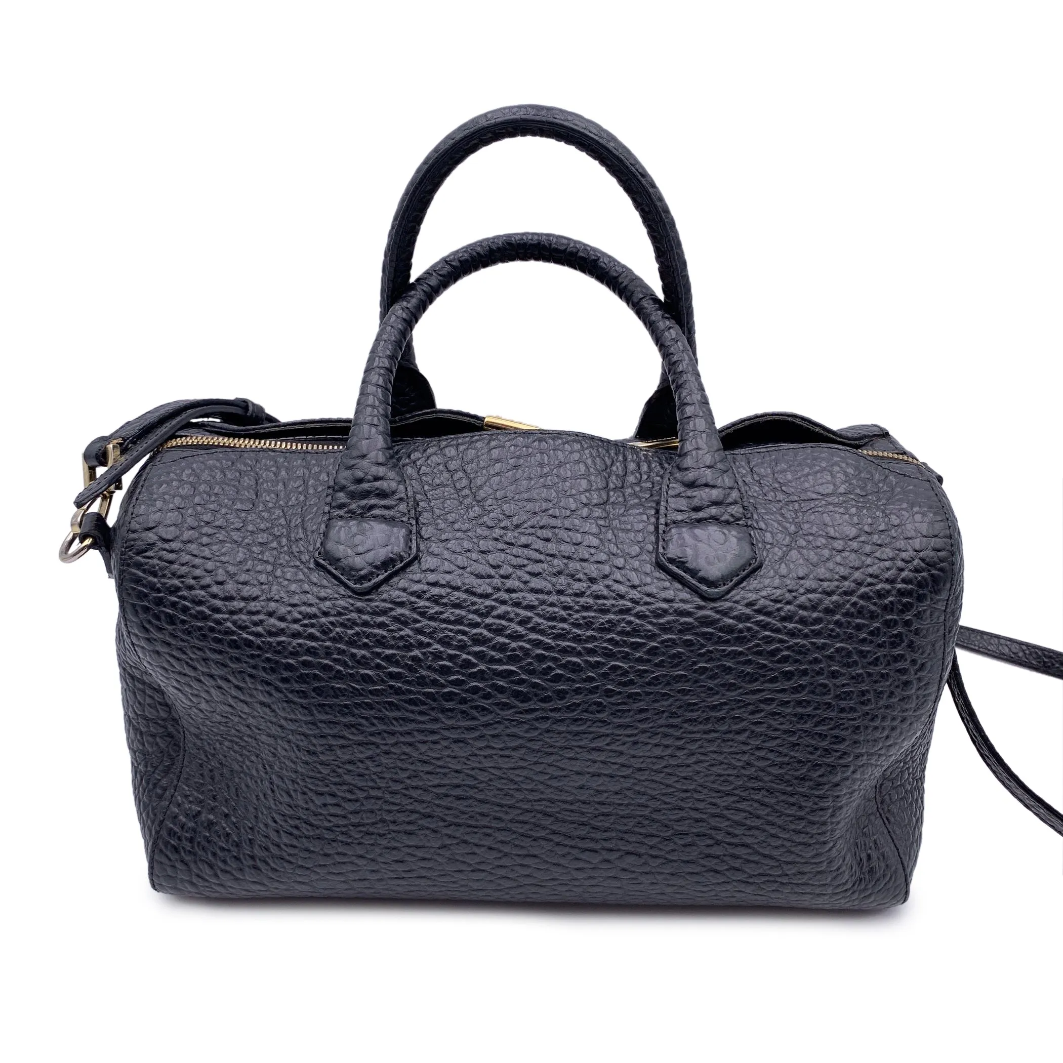 Burberry Black Pebbled Leather Handbag Boston Bag with Strap