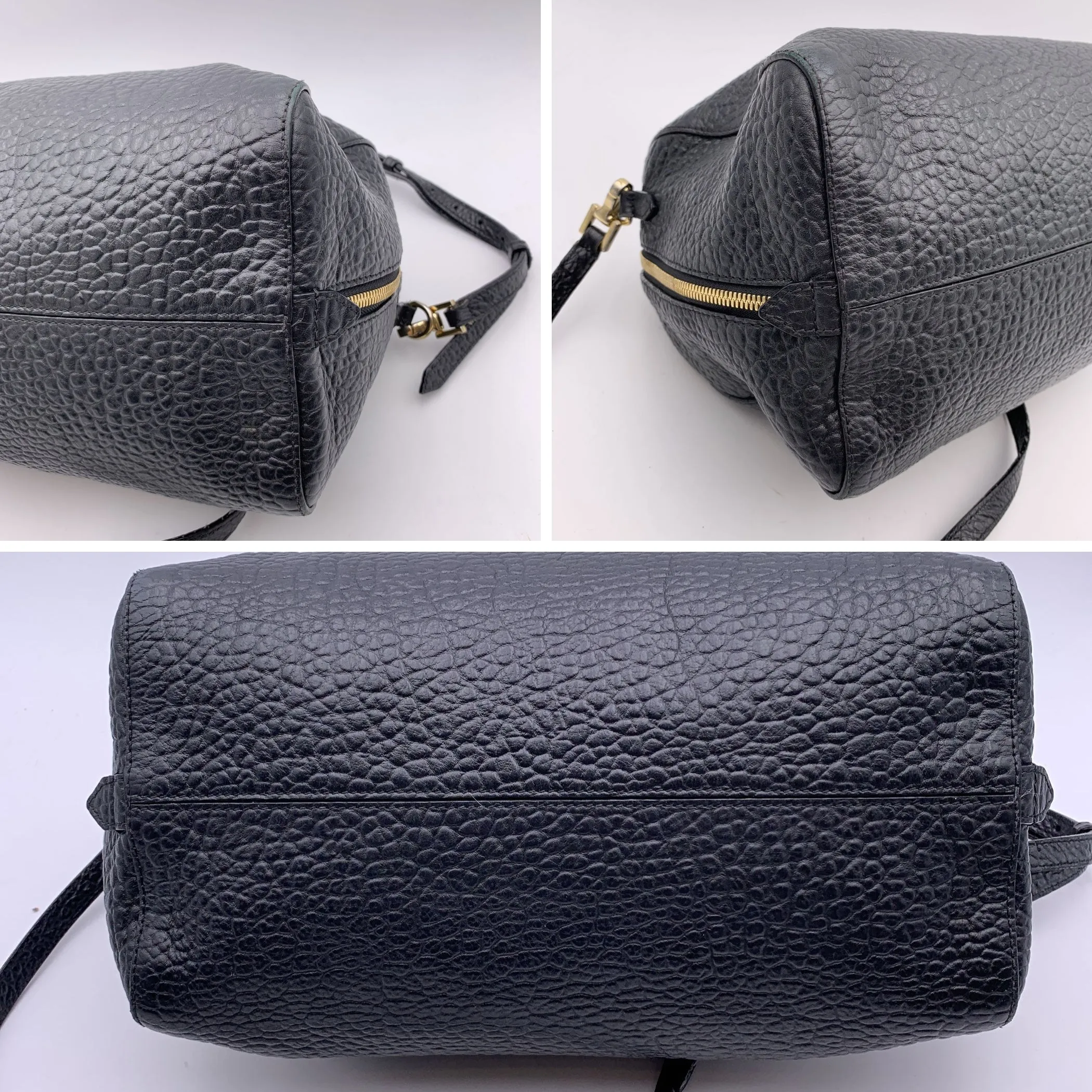 Burberry Black Pebbled Leather Handbag Boston Bag with Strap