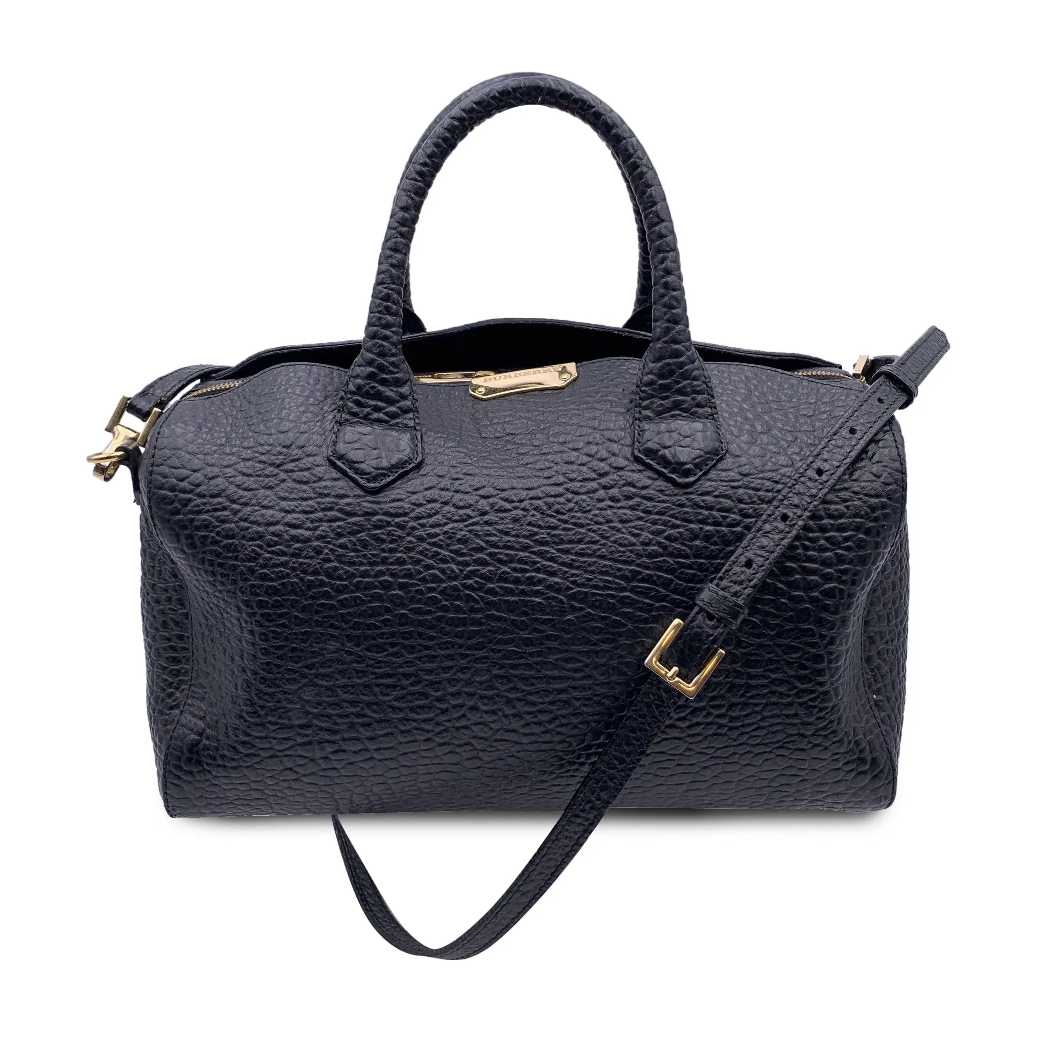 Burberry Black Pebbled Leather Handbag Boston Bag with Strap