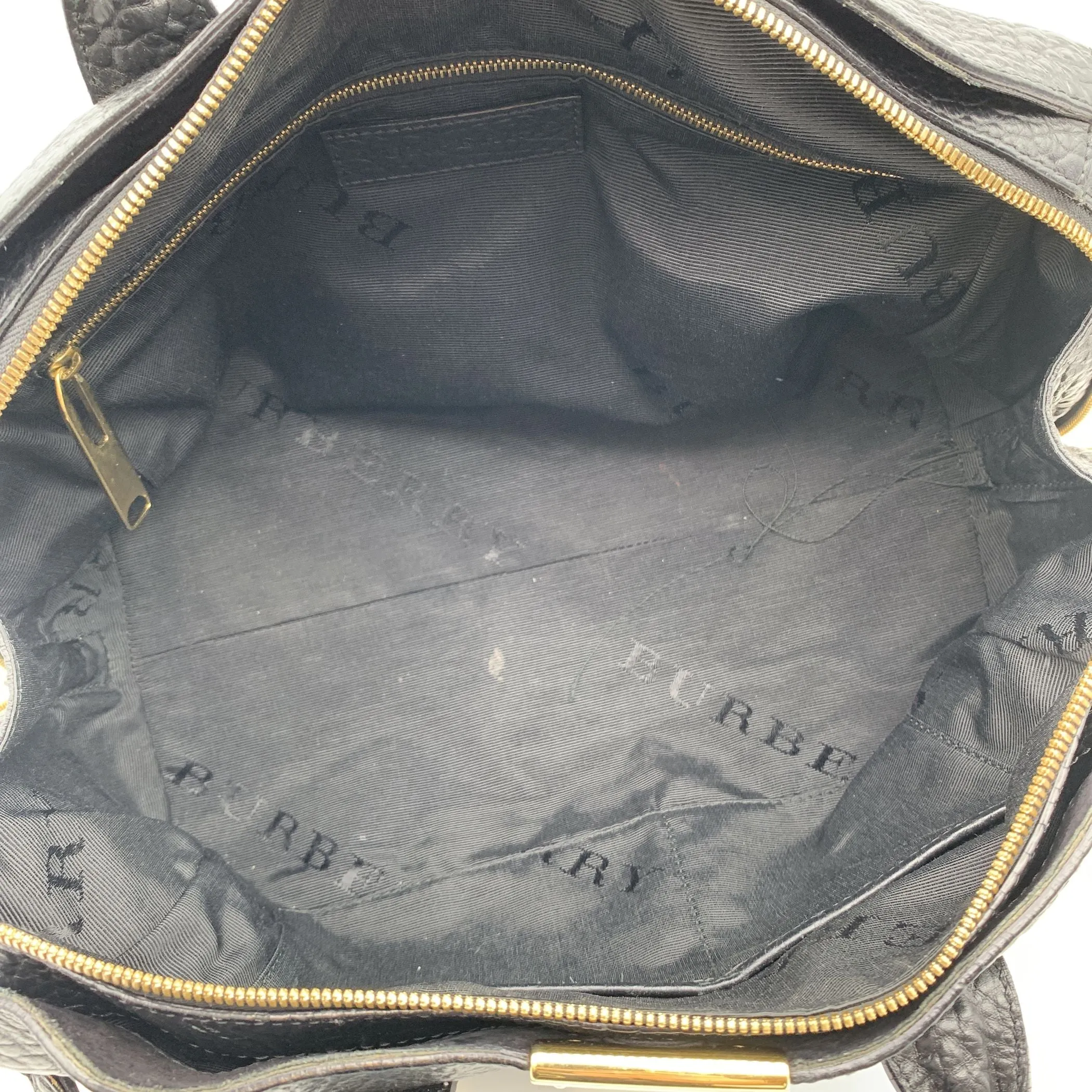 Burberry Black Pebbled Leather Handbag Boston Bag with Strap
