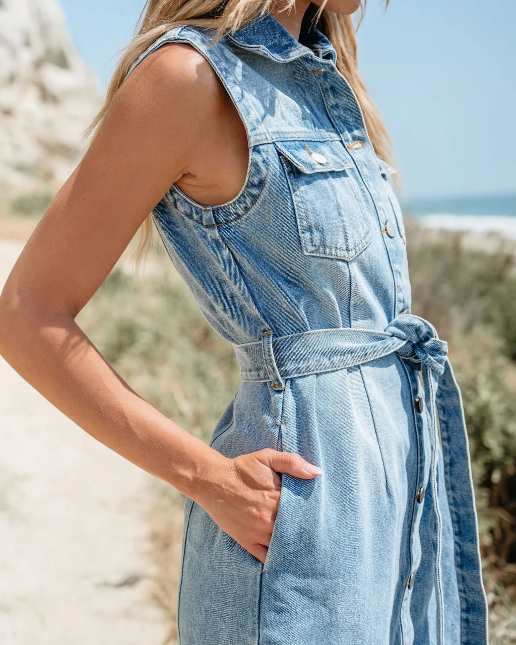 Denim Button Down Belted Midi Dress - FINAL SALE
