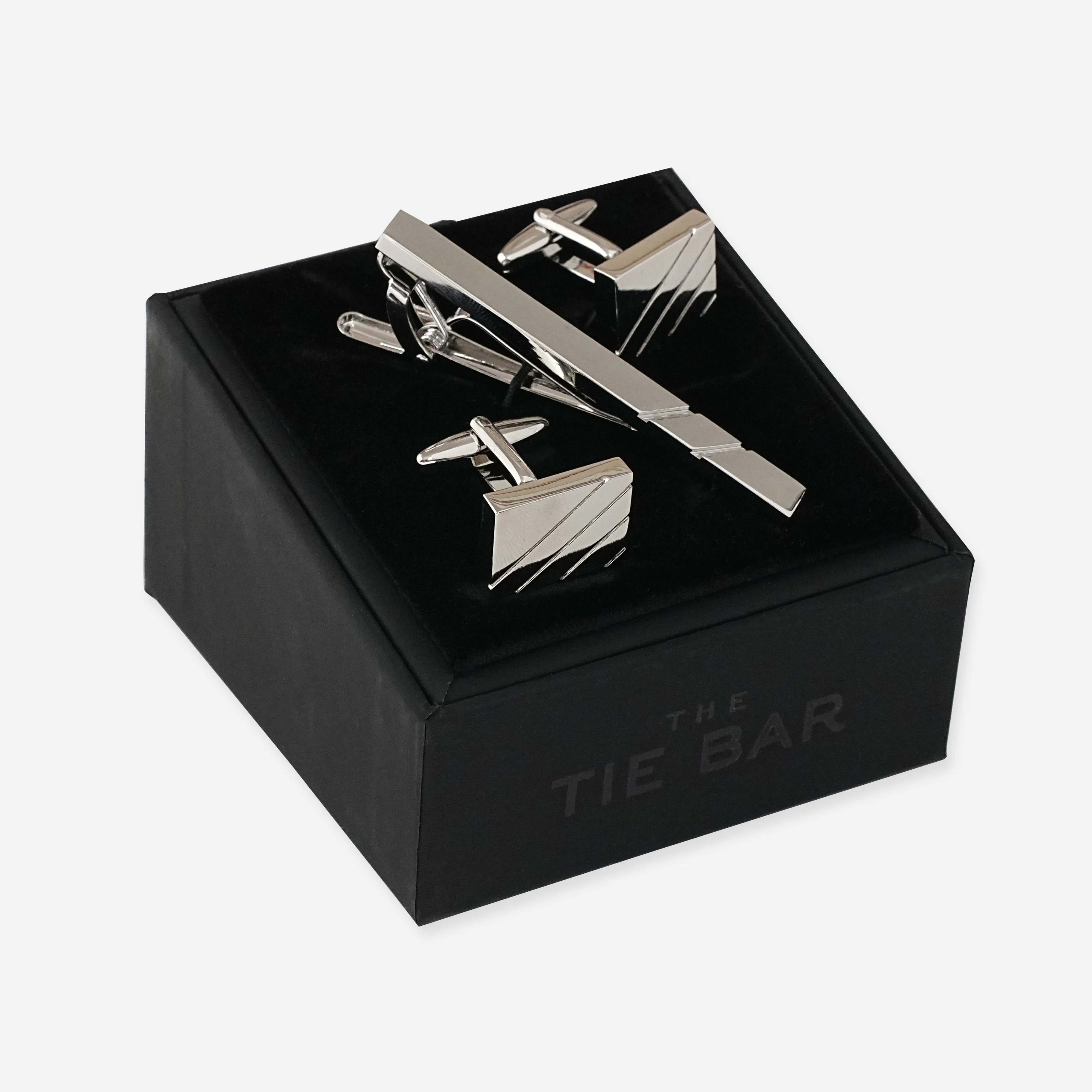Diagonal Lines Silver Cufflink and Tie Bar Set