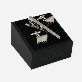 Diagonal Lines Silver Cufflink and Tie Bar Set