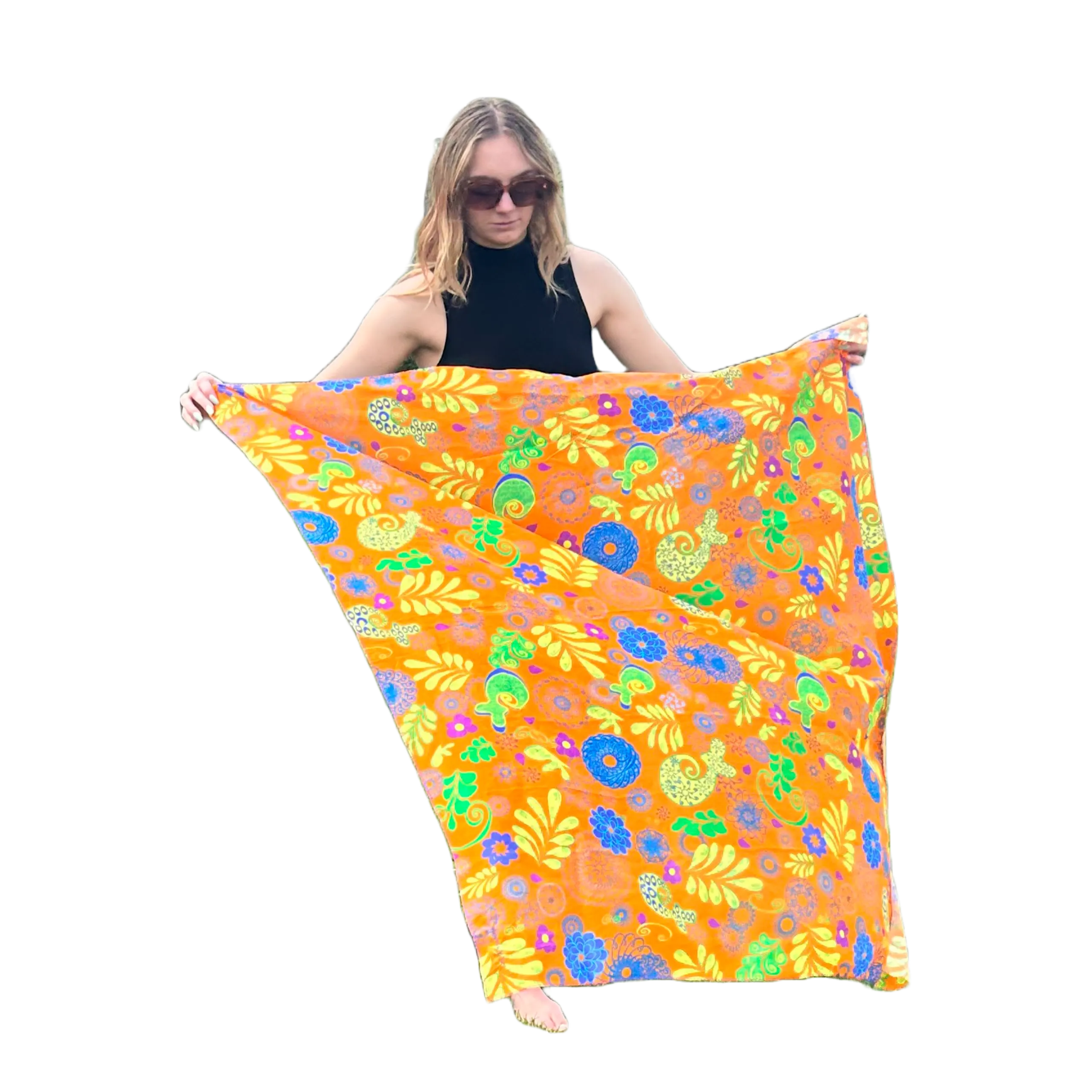 Orange Paisley Square Cotton Scarf with Running Stitch, 51x51"	Square